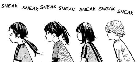 Soshizaki, Onda, Echizena and Suo from Goodbye Cramer walking in side profile. The word sneak is repeated above their heads.